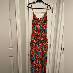Buenos Ninos Tropical Floral Jumpsuit Red Cropped Wide Leg Spaghetti Strap